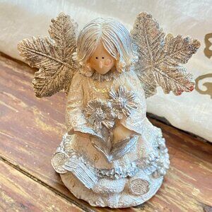 Cornerstone Creations Silver Glitter Flower Winged Garden Angel Figurine Y2K 4"